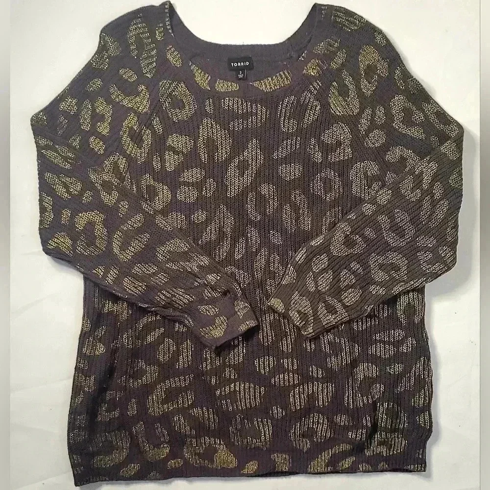 TORRID Wine & GOLD FOIL LEOPARD RIB Pull over Sweater Sz 2 2XL 16-18 US - Picture 3 of 10